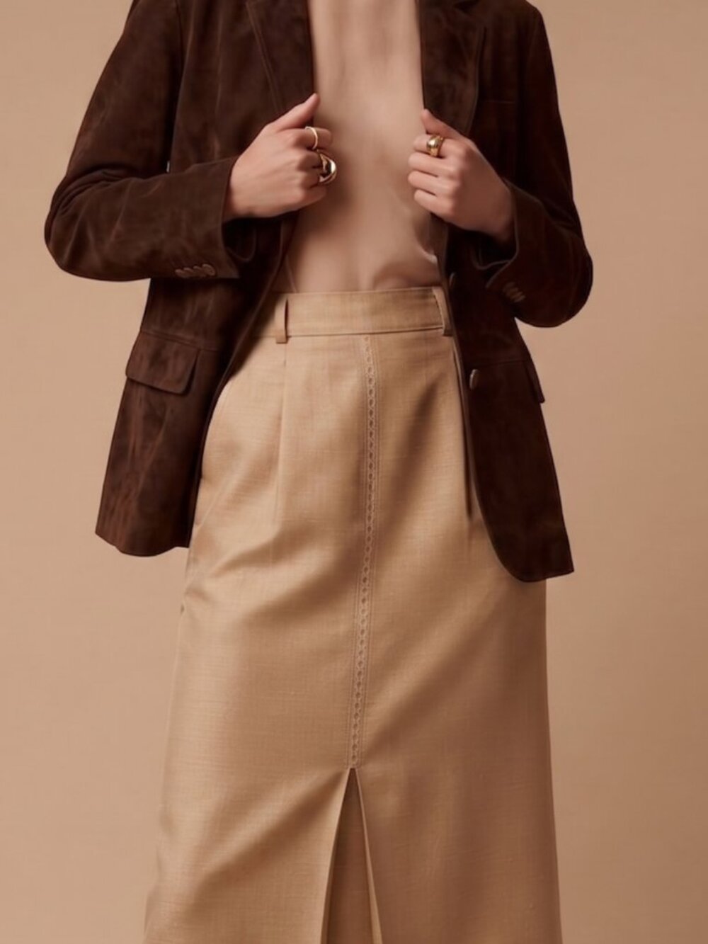 Vintage Korean Style L Midi Skirt Beige Lined Office Business Casual MIDOPA